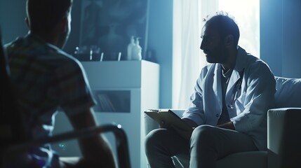Psychotherapist working with drug addicted man indoors : Generative AI - obrazy, fototapety, plakaty