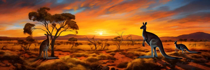 Foto op Aluminium Mid-Hop Kangaroo against Beautiful Australian Outback Sunset: A Breathtaking Snapshot of Natural Wilderness © Katie