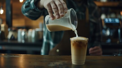 a barista pouring milk making a take away coffee : Generative AI