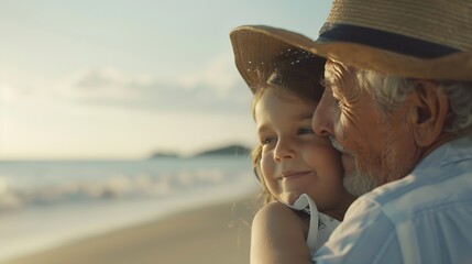 Cute little girl with grandfather spending time together on sea beach : Generative AI - obrazy, fototapety, plakaty