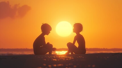 Side view of a full body of two friends or couple silhouette of teens sitting and talking at sunrise on the beach with the sun in the middle : Generative AI - obrazy, fototapety, plakaty
