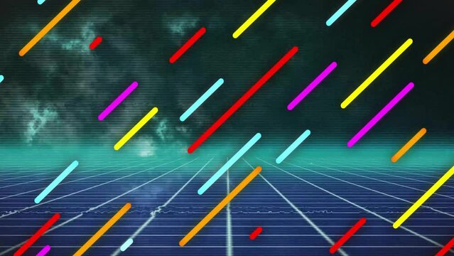Animation of colourful diagonal lines moving over grid and blue smoke on dark background