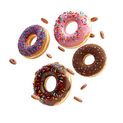 Flying delicious donuts on white background PNG