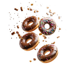 Flying delicious donuts on white background PNG