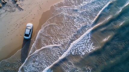 Aerial view of a car driving on the beach Bribie Island Queensland Australia Top down perspective : Generative AI