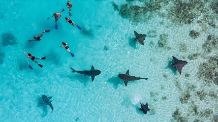 Aerial view of people swimming with sharks and sting rays in Moorea Island in French Polynesia : Generative AI - obrazy, fototapety, plakaty