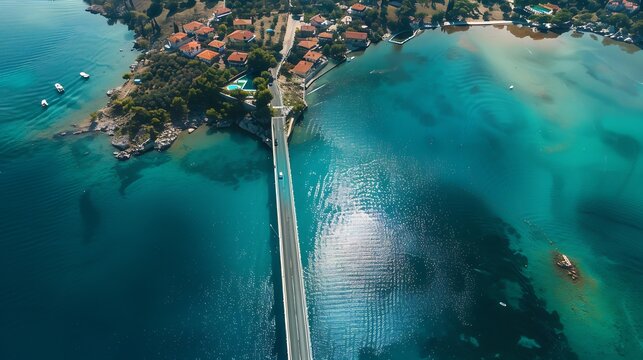 Aerial view of Turkeys oldest strait bridge between Dolap Island and Cunda Island Ayvalik Turkey : Generative AI