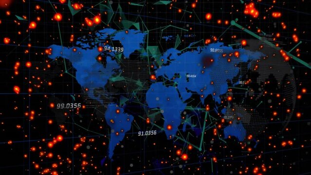 Animation of glowing orange particles over network processing data and blue world map on black