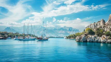 Beautiful scenery with sailing ships in the sea bay Antalya Turkey Seascape on a background of...