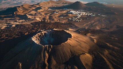 Aerial view of Calderon Hondo crater a volcano in Timanfaya National Park with a small town in...