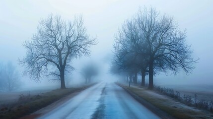 Fototapeta na wymiar Fog in Country Road With Trees Beside : Generative AI