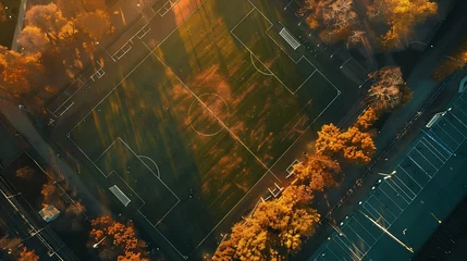 Foto op Plexiglas Aerial view of football field in autumn colours at sunrise Moscow Russia : Generative AI © Generative AI