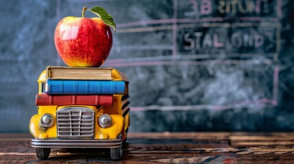 The wheels on the bus go round and round in the world of books and learning. Classic school bus and a stack of colorful books topped with an apple. - obrazy, fototapety, plakaty