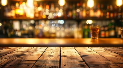 Panoramic table wood dinning bar modern desk top on blur shop city white night light background pub...