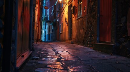 Illuminated Street of Riomaggiore in Cinque Terre at Night Italy : Generative AI - obrazy, fototapety, plakaty