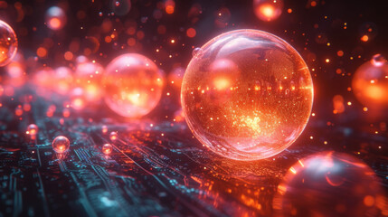 A visually striking representation of the top performing cryptocurrencies portrayed as glowing orbs floating in a virtual space with their market caps and price trends displayed