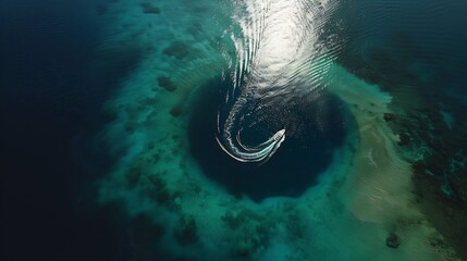 Aerial view of a boat driving in circle in the sea : Generative AI - obrazy, fototapety, plakaty