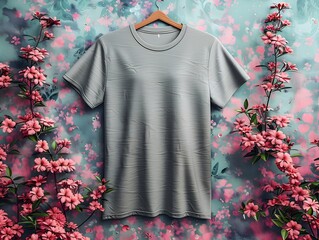 Grey T-Shirt on Floral Backdrop in Textured Style