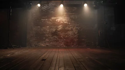 Tuinposter Muziekwinkel lighting on stage with brick wall and floor wood : Generative AI