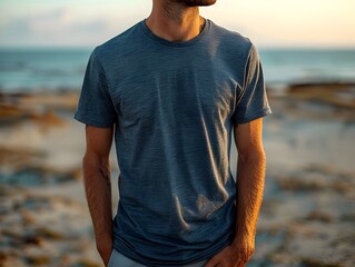 Man in Blue Shirt Looking at the Ocean on a Beach - obrazy, fototapety, plakaty