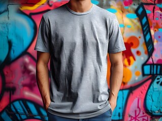 Urban Man in Grey T-Shirt Posing in Front of Colorful Graffiti Mural