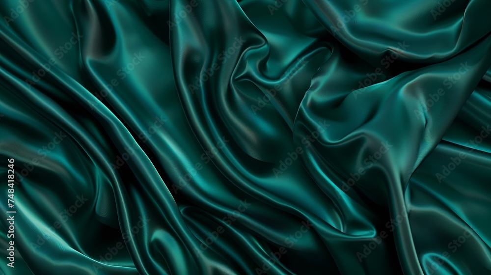 Poster dark teal green silk satin shiny smooth fabric soft folds luxury background with space for design ba