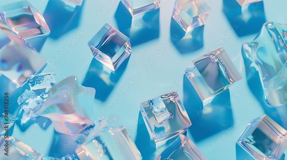 Poster a lot of translucent pieces and ice cubes on a blue background closeup top view : generative ai