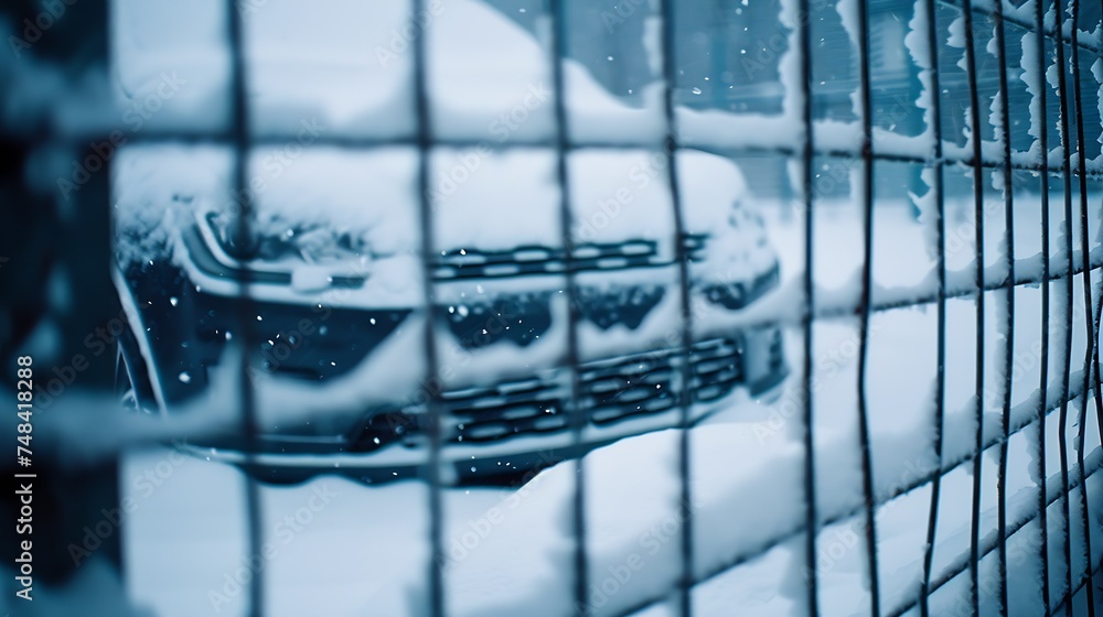 Poster Car in winter in a frame of a metal fence grid under the snow in the city : Generative AI