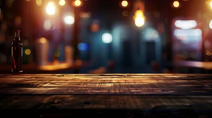 Foto op Canvas Empty real wood table top with light reflection on scene at restaurant pub or bar at night Blurred background for product display or montage your products with several concept idea and : Generative AI © Generative AI