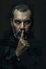 A mysterious priest makes a gesture of silence with his finger on his lips. Illustration of a priest with a penetrating gaze in a symbolic gesture reinforcing reverence for silence. - obrazy, fototapety, plakaty