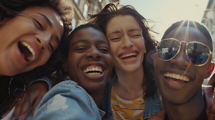 Multicultural happy friends having fun taking group selfie portrait on city street Multiracial...