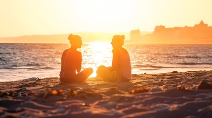 Side view of a full body of two friends or couple silhouette of teens sitting and talking at sunrise on the beach with the sun in the middle : Generative AI - obrazy, fototapety, plakaty