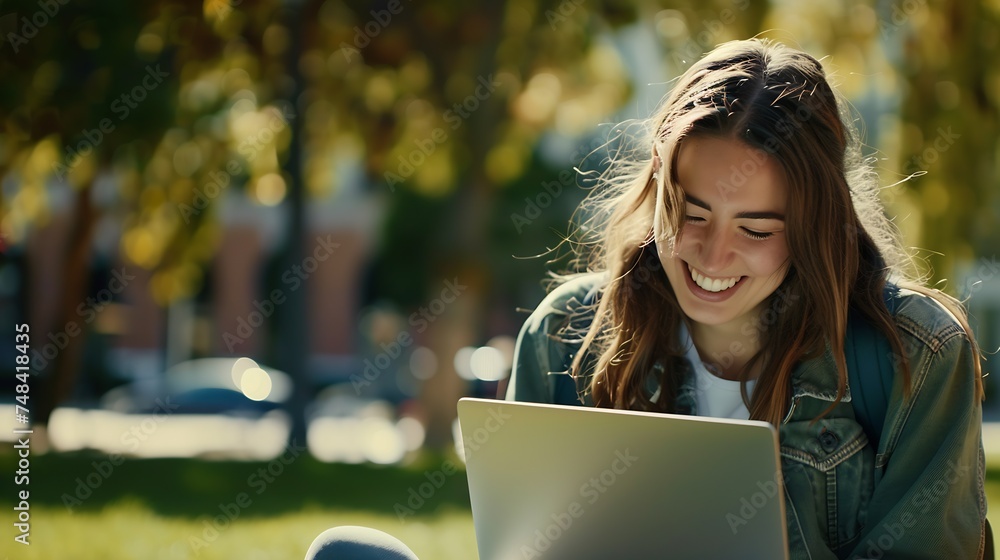 Poster Front view of a happy student girl working with a laptop in a green park of an university campus : Generative AI