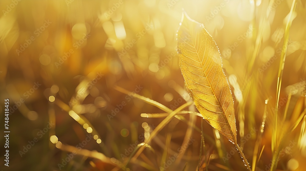 Aufkleber golden beautiful leaf in autumn grass on nature closeup macro with soft focus and blurred background