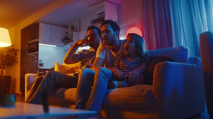 Tired mother and father sitting on couch feels annoyed exhausted while noisy little daughter and son shouting run around sofa where parents resting Too active hyperactive kids need rep : Generative AI