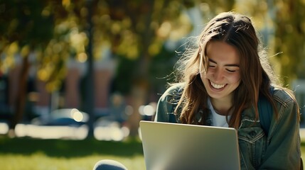 Front view of a happy student girl working with a laptop in a green park of an university campus : Generative AI - obrazy, fototapety, plakaty