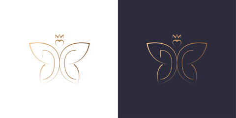 Butterfly logo, heart, Letter D and C logo monogram, sun, minimal style identity initial logo mark. Golden gradient vector emblem logotype for business cards initials.