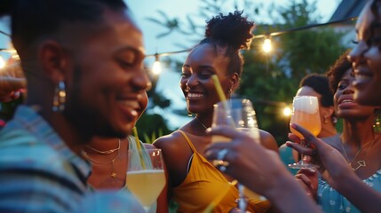 Multiracial group of friends having fun at backyard home party Young people laughing together drinking cocktails at bar restaurant Focus on black woman : Generative AI - obrazy, fototapety, plakaty