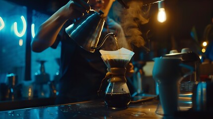 Barista is making drip brewing filtered coffee or pour over coffee with hot water and filter paper in coffee shop Dark photo Copyspace : Generative AI - Powered by Adobe