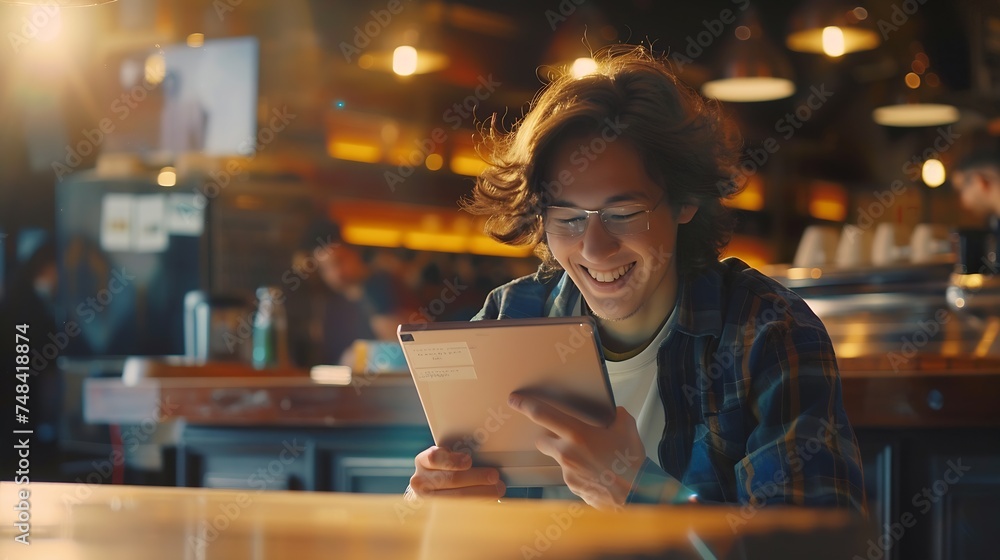 Poster Happy student studying and learning taking notes with a digital tablet in a coffee shop : Generative AI