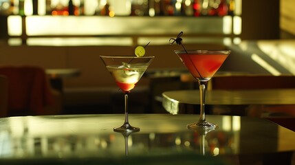 Two designer cocktails at exotic European cafe : Generative AI