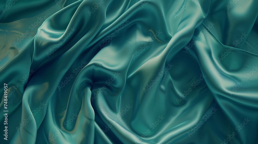 Poster Beautiful blue green silk satin background Wavy soft folds Luxurious silky fabric backdrop with space for product and design Web banner Top view : Generative AI