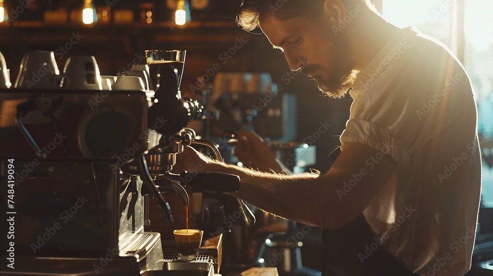 Poster barista making coffee from espresso machine : generative ai