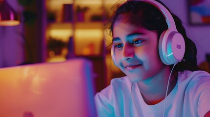 Happy young indian girl with wireless headphones looking at laptop screen reading listening online courses studying remotely from home due to pandemic corona virus world outbreak quara : Generative AI