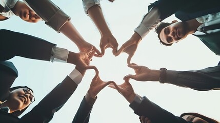 Close up bottom view concept of diverse business people join hands forming heart Show unity and support protection of business Multiracial colleagues involved in team building activity : Generative AI