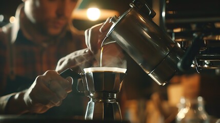 Barista making coffee with moka pot : Generative AI - obrazy, fototapety, plakaty