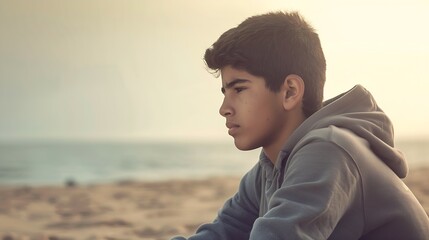 Portrait of a longing pensive teenager sitting on the beach looking away at the horizon in the morning : Generative AI