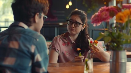 Disgusted woman rejecting a geek boy offering flowers in a blind date in a coffee shop interior : Generative AI