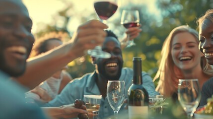 Group of friends having fun at bbq dinner in garden restaurant Multiracial people cheering red wine sitting outside at bar table Social gathering youth and beverage lifestyle concept : Generative AI