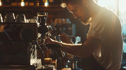 Barista making coffee from espresso machine : Generative AI - obrazy, fototapety, plakaty